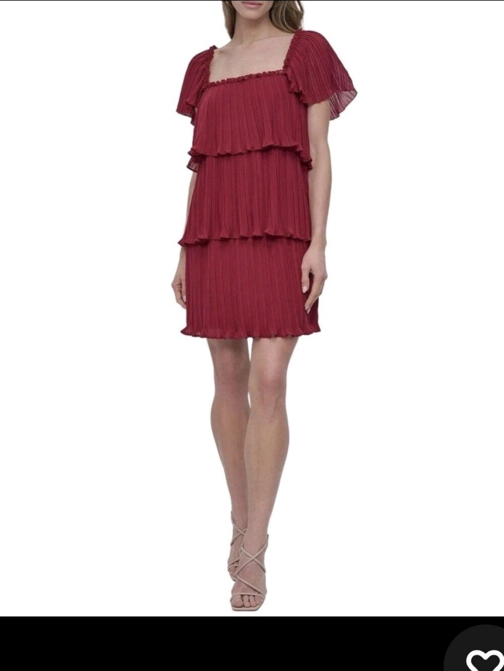 DKNY Burgundy Pleated Chiffon Dress Size 10 Ruffle Tiered Flutter Sleeve Cocktai